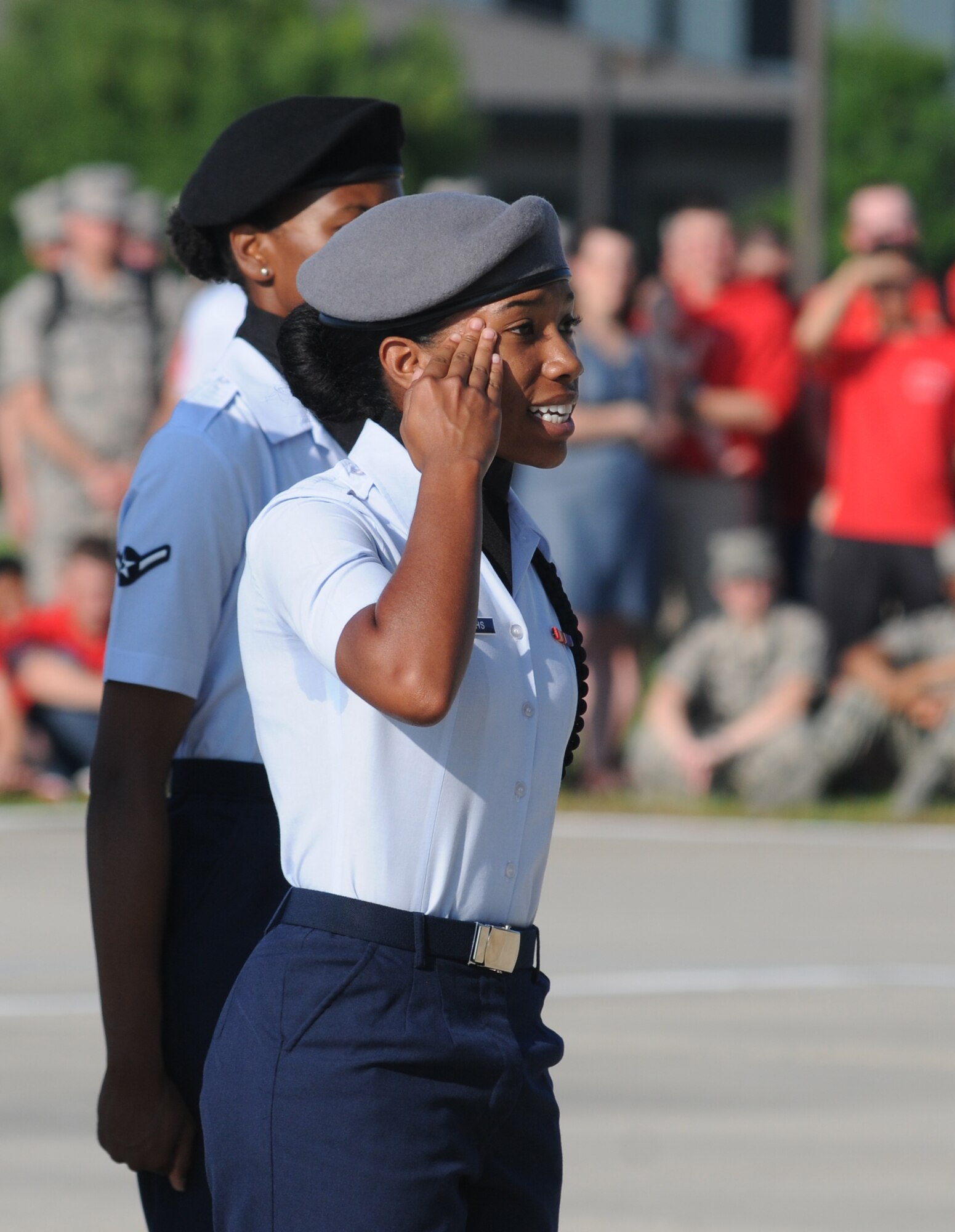 Airman Basic Ballad Burroughs, 335th Training Squadron regulation drill master, requests permission to enter the field of regulation drill competition during the 81st Training Group’s drill down competition Aug. 15, 2014, behind the Levitow Training Support Facility at Keesler Air Force Base, Miss.  The 335th TRS “Bulls” placed second in regulation and third overall.  (U.S. Air Force photo by Kemberly Groue)