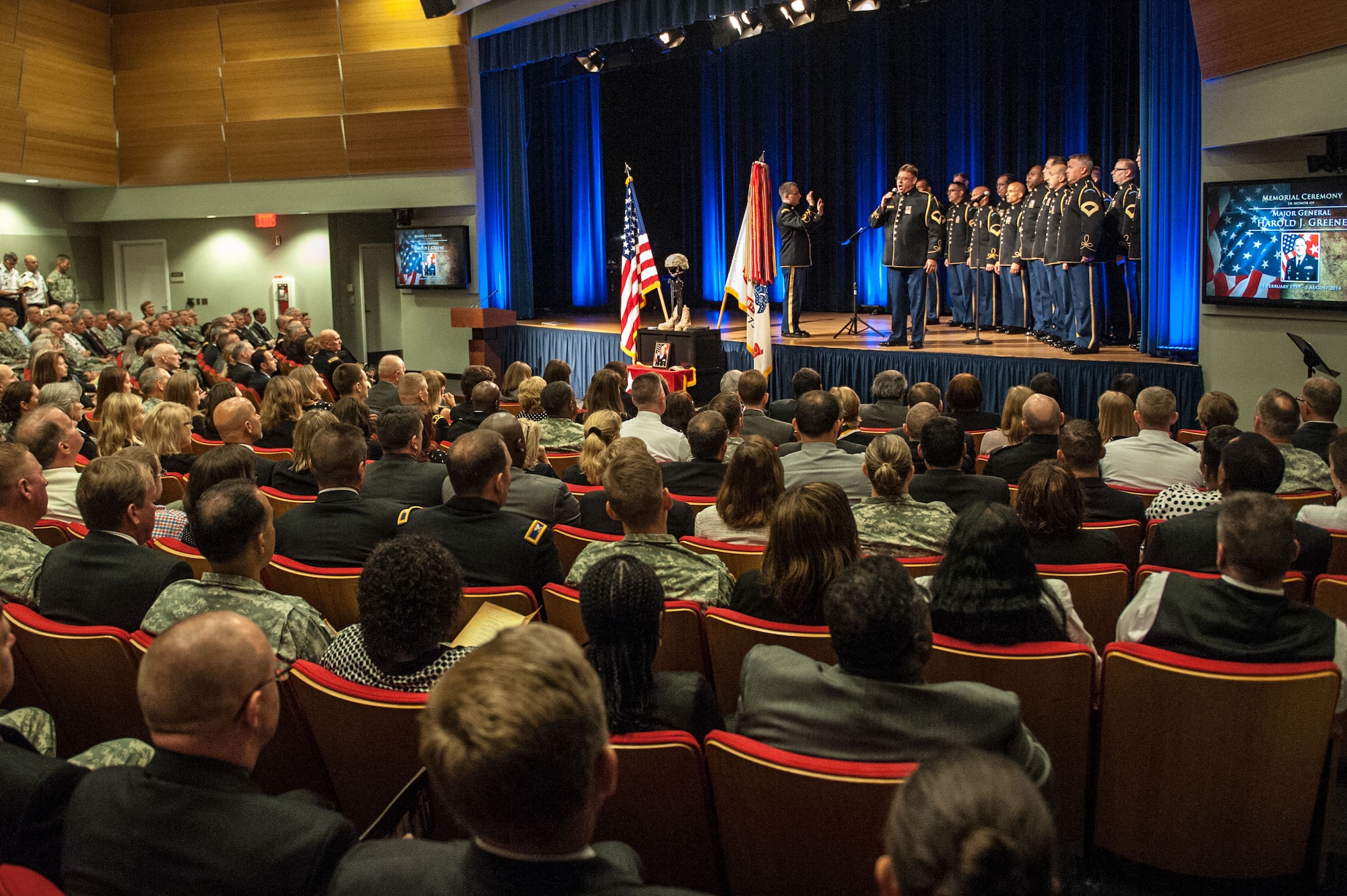 The U.S. Army Chorus performs during the closing moments of Maj. Gen. Harold J. Greene's Memorial Ceremony in the Pentagon, Aug 13, 2014. Greene was killed in a insider attack while deployed to Afghanistan on Aug 5, 2014. He will be interred at Arlington National Cemetery, Va., Aug. 14, 2014. (U.S. Army photo by Staff Sgt. Mikki L. Sprenkle/Released)