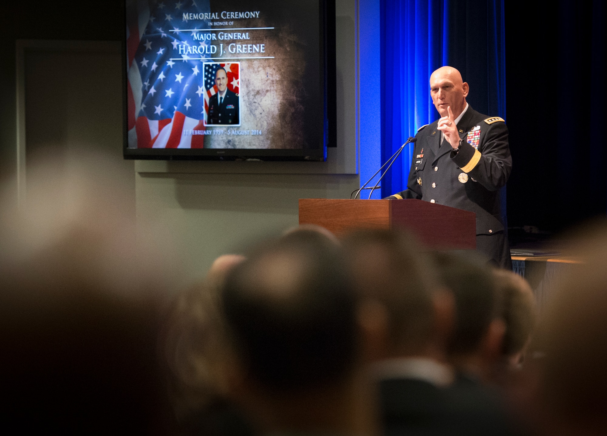 Army Chief of Staff Gen. Ray Odierno addresses a standing-room only crowd at a Pentagon memorial service, Aug. 13, 2014, for Maj. Gen. Harold J. Greene. Greene was killed Aug. 5, 2014, in an insider attack while deployed to Afghanistan. (U.S. Army photo by Staff Sgt. Bernardo Fuller/Released)