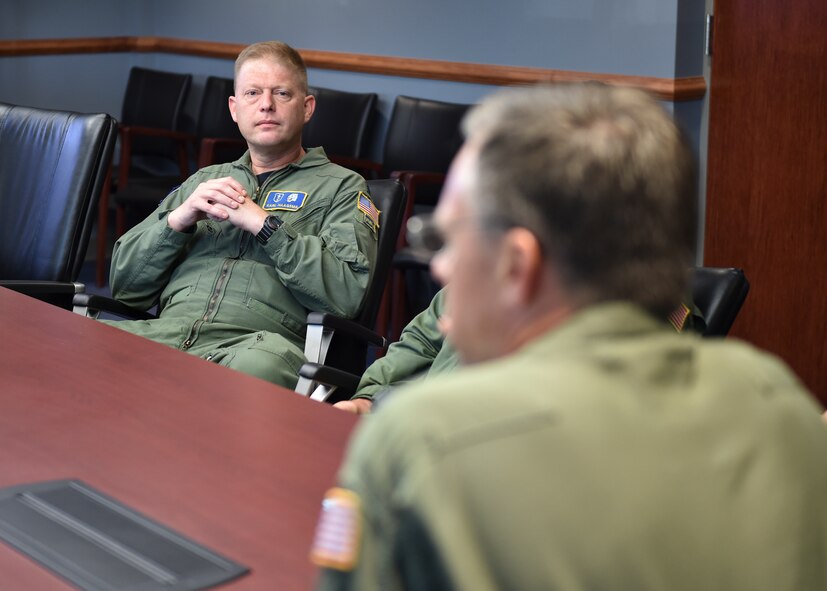 Lt. Col. Karl Haagsma, a medical entomologist with the aerial spray flight, shares his expertise with Maj. Gen. Scott M. Hanson, Director of Operations, Headquarters Air Mobility Command, Scott Air Force Base, Illinois, Aug. 15. Hanson visited YARS to become more familiar with the 910th Airlift Wing’s special aerial spray mission and see how Air Mobility Command can help the 910th and Air Force Reserve Command with their roles in bringing this mission to the Department of Defense (DoD). U.S. Air Force photo/Eric M. White.
