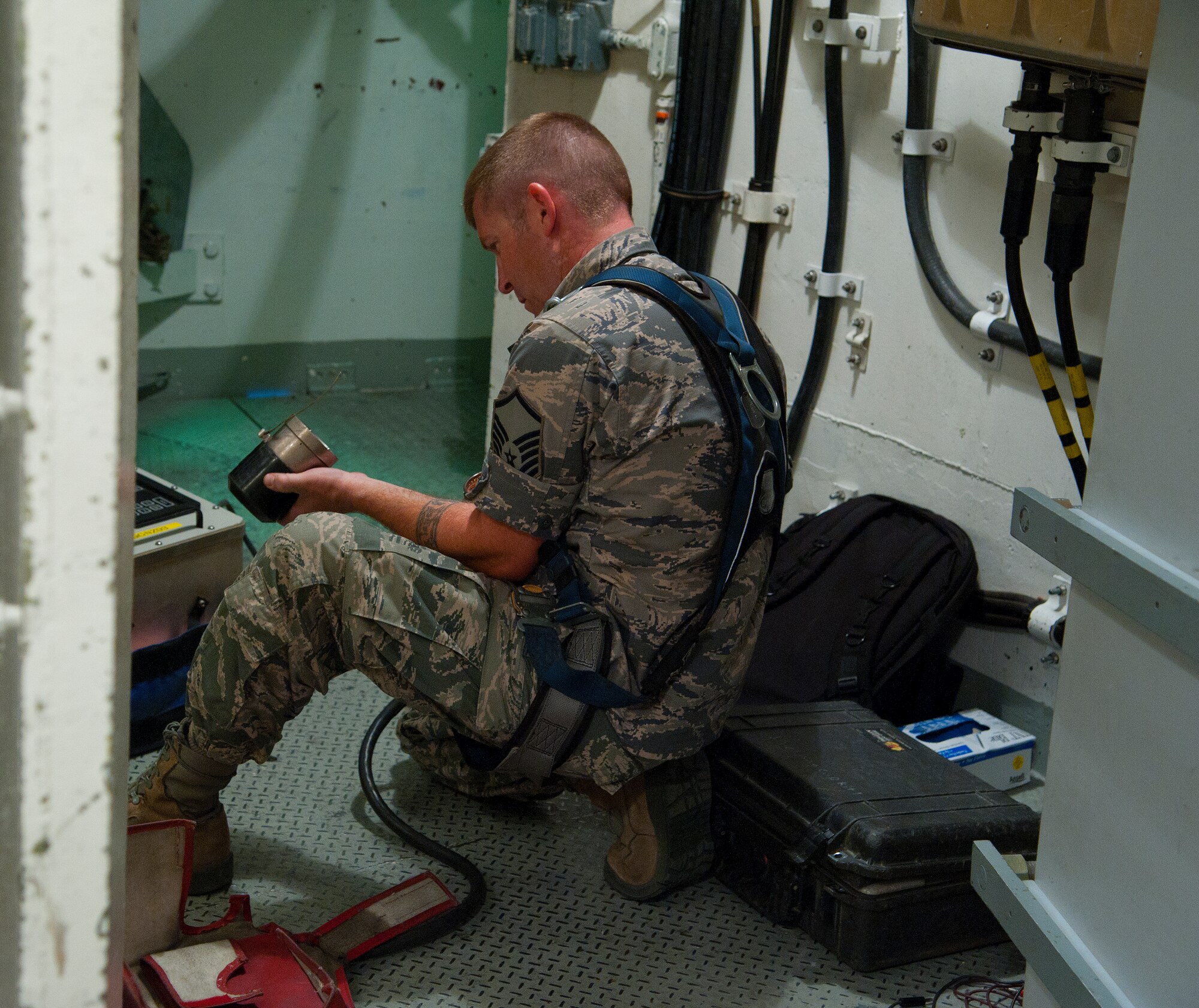 Master Sgt. Ryan McAffee, 341st Missile Maintenance Squadron team chief, prepares to run a hazardous current test on the downstage of a missile system at Malmstrom’s T-41 trainer Aug. 11. McAffee will be the team lead during the 2014 Global Strike Challenge for his crew of four Airmen competing in the competition. (U.S. Air Force photo/Airman 1st Class Collin Schmidt)