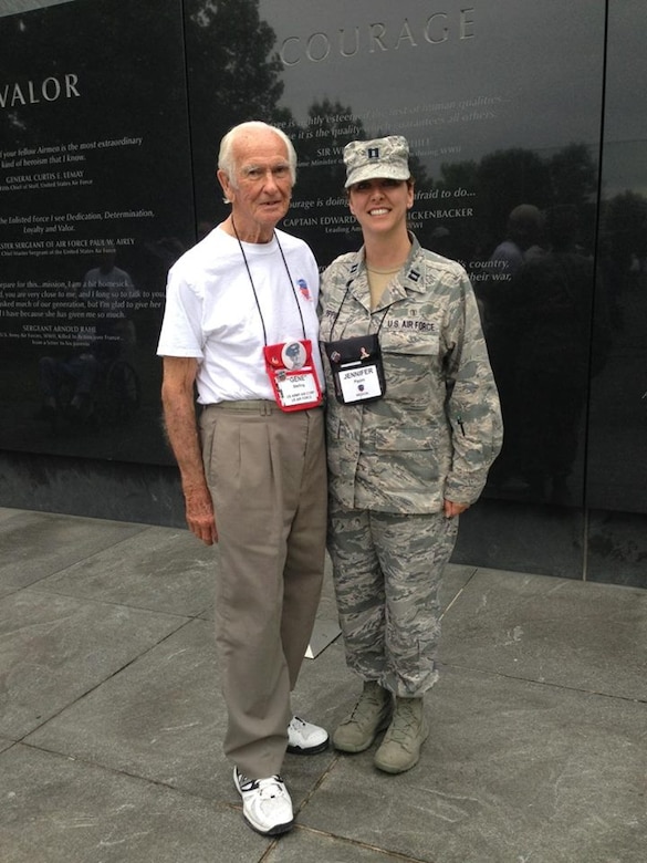Retired Maj. Gen. Eugene Sterling, U.S. Air Force, and Maj. Jennifer Pippen, 45th Medical Group physician, pose for a photo at the Air Force Memorial in Washington, D.C., June 21, 2014, during their visit. Sterling declined the invitation to see his memorial but because of Suzanne Maker, 45th Medical Operations Squadron licensed practical nurse, he decided to attend and arranged for him, and his family members, to attend.  (Photo Courtesy) 