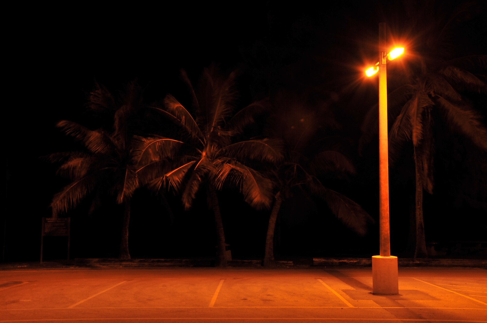 Turtle-safe lamps light the Tarague Beach recreational area on Andersen Air Force Base, Guam, Aug. 17, 2014. The bulbs were replaced in March and are designed to emit light in lower wavelengths which sea turtles are unable to see, giving hatchlings a better chance at survival by following the natural moonlight. (U.S. Air Force photo/Staff Sgt. Melissa B. White)