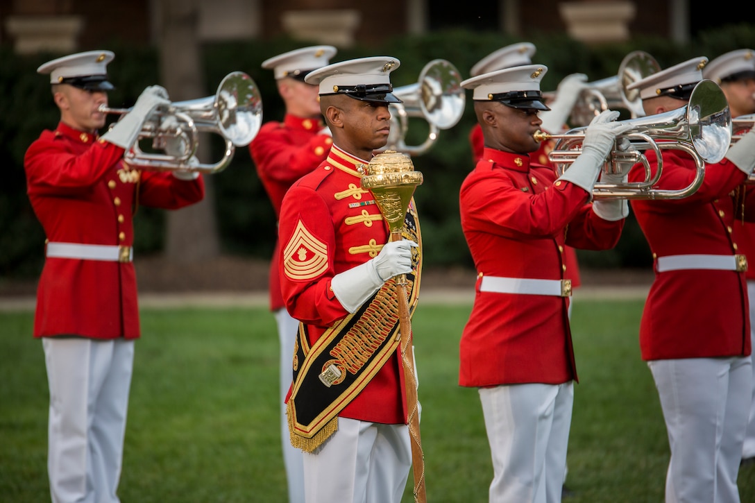 The United States Marine Drum & Bugle Corps performs during a parade at Marine Barracks Washington, D.C., for the Brigadier General Select Orientation Course, Aug. 19. (Official Marine Corps photo by Cpl. Larry Babilya/Released)