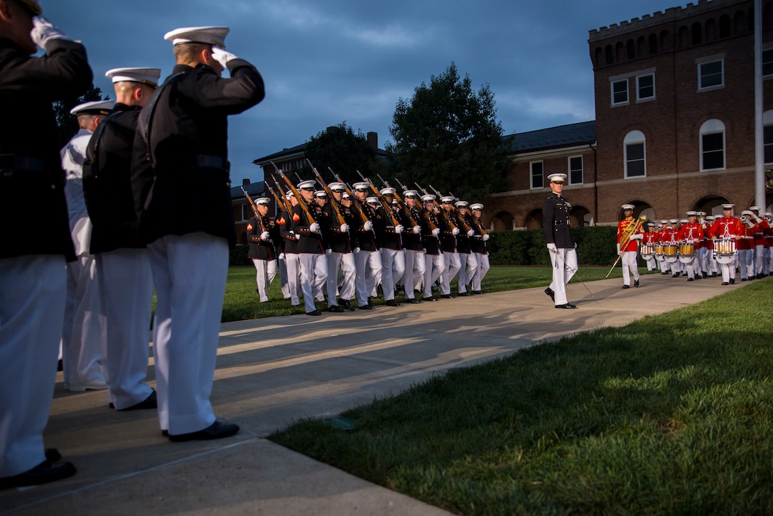Marines from Marine Barracks Washington, D.C., perform during a parade at the Barracks for the Brigadier General Select Orientation Course, Aug. 19. (Official Marine Corps photo by Cpl. Larry Babilya/Released)