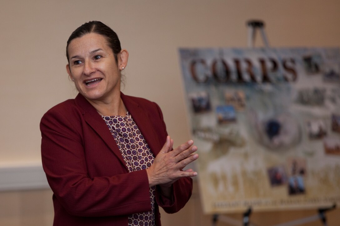 Sgt. Maj. Irene Z. O'Neal gives her closing remarks at the 2014 Sergeant Major of the Marine Corps Symposium in National Harbor, Md., on Aug. 15, 2014. (U.S. Marine Corps photo by Lance Cpl. Samantha K. Draughon/ Released)