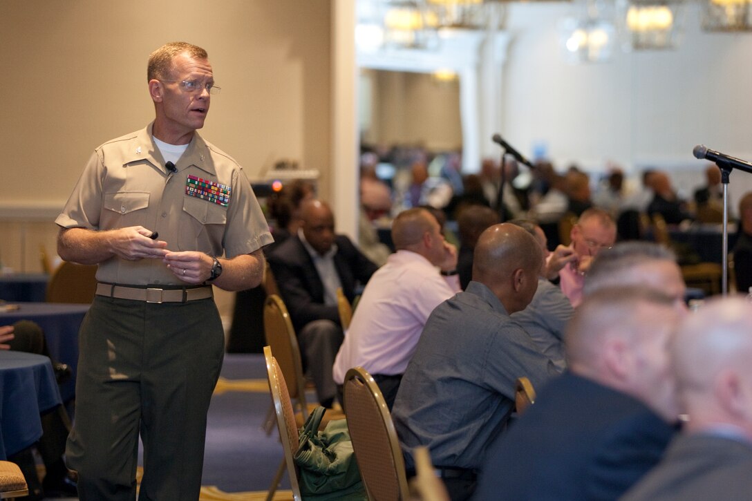 Attendee receive a brief at the 2014 Sergeant Major of the Marine Corps Symposium in National Harbor, Md., on Aug. 15, 2014. (U.S. Marine Corps photo by Lance Cpl. Samantha K. Draughon/ Released)