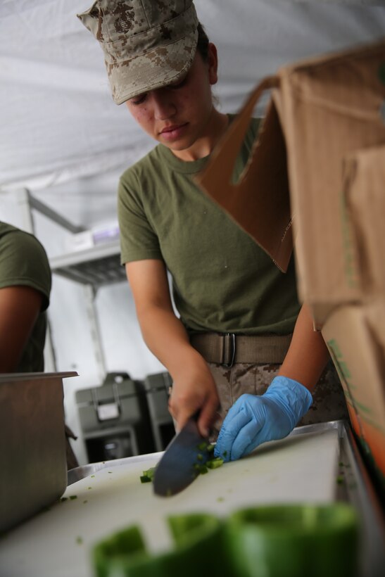 Pfc. Giovanni Sanchez prepares meals for Marine Wing Support Squadron 271 during a Base Recovery After Attack drill at Marines Corps Outlying Field Camp Davis, N.C., Aug. 14, 2014. Keeping Marines performing at their highest abilities requires the vital services of important facilities such as the mess tent and their mission of keeping each Marine fed and ready for action. During a BRAAT drill only essential services and mandatory facilities remain operational. Sanchez is a food service specialist with MWSS-271.