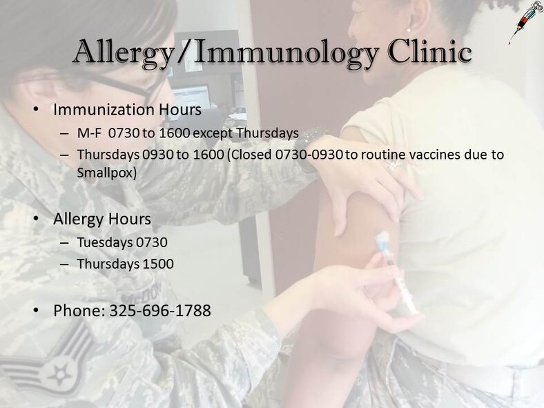 In order to keep Airmen and their families up-to-date on their vaccinations, the 7th Medical Group immunization clinic has flexible hours as listed on the slide. A schedule published by the Center of Disease Control and Prevention recommends when these vaccinations should be administered in order for the vaccines to be most effective. (Courtesy graphic)