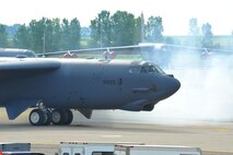 A B-52H engine starts during a minimum-interval takeoff exercise on Minot Air Force Base, N.D., Aug. 15, 2014. Exercises like these are integral to maintaining mission readiness. (U.S. Air Force photo/Senior Airman Brittany Y. Bateman)