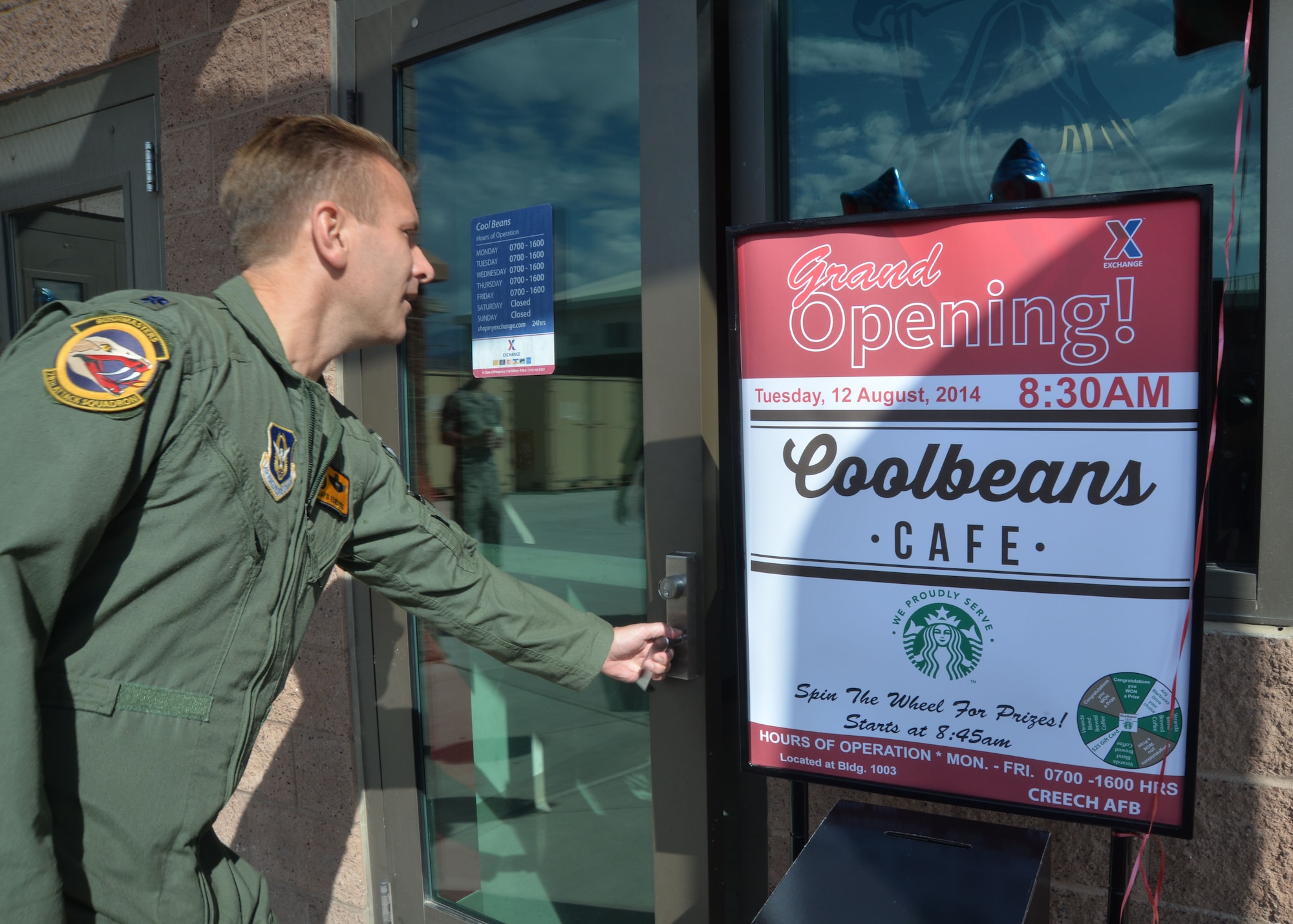 The Coolbeans Café, a coffee shop serving Starbucks  is now open in Hangar 1003 to serve the Airmen of Creech Air Force Base.  Airmen interested in getting out of their work centers can visit the shop to have a cup of coffee, a pastry or even a sweet alternative Monday thru Friday from 7 a.m. to 4 p.m. The café accepts cash and all major credit and debit cards. (U.S. Air Force photo by Tech. Sgt. Nadine Barclay/Released)