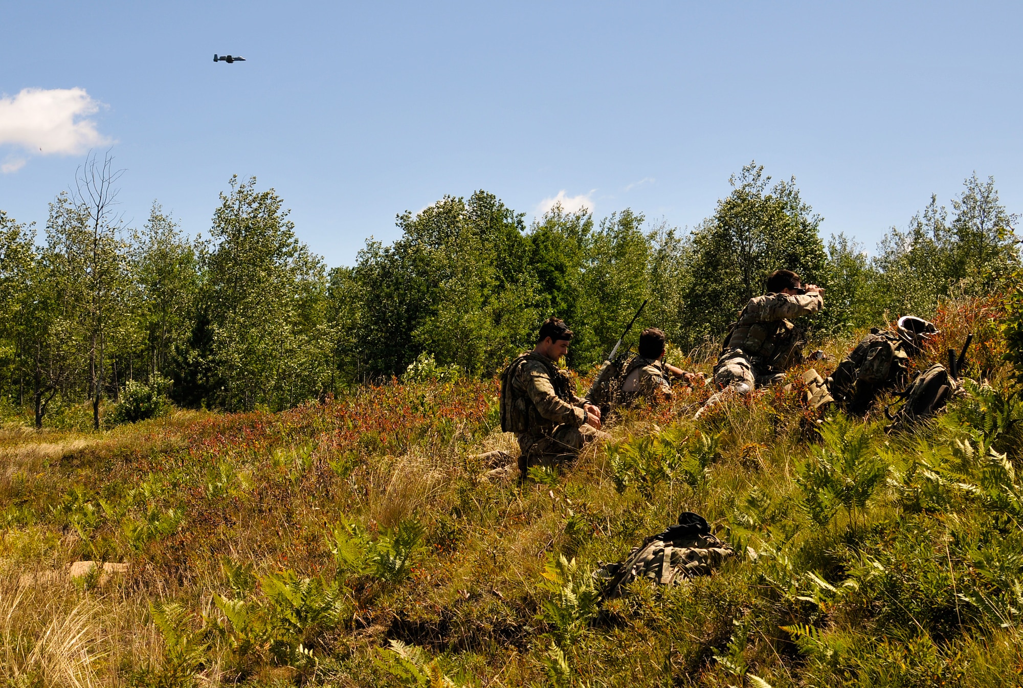 Tactical air control party specialists with the 169th Air Support Operations Squadron observe a target zone as the A-10 Thunderbolt II they called in flies in for close-air support at Operation Northern Strike in Grayling Air Gunnery Range, Grayling, Mich., Aug. 14, 2014. Northern Strike was a 3-week-long exercise led by the National Guard that demonstrated the combined power of joint and multinational air and ground forces. TACPs with the Air National Guard’s 169th ASOS from Peoria, Ill., and more than 5,000 other armed forces members from 12 states and two coalition nations participated in the combat training. (U.S. Air National Guard photo by Staff Sgt. Lealan Buehrer/Released)