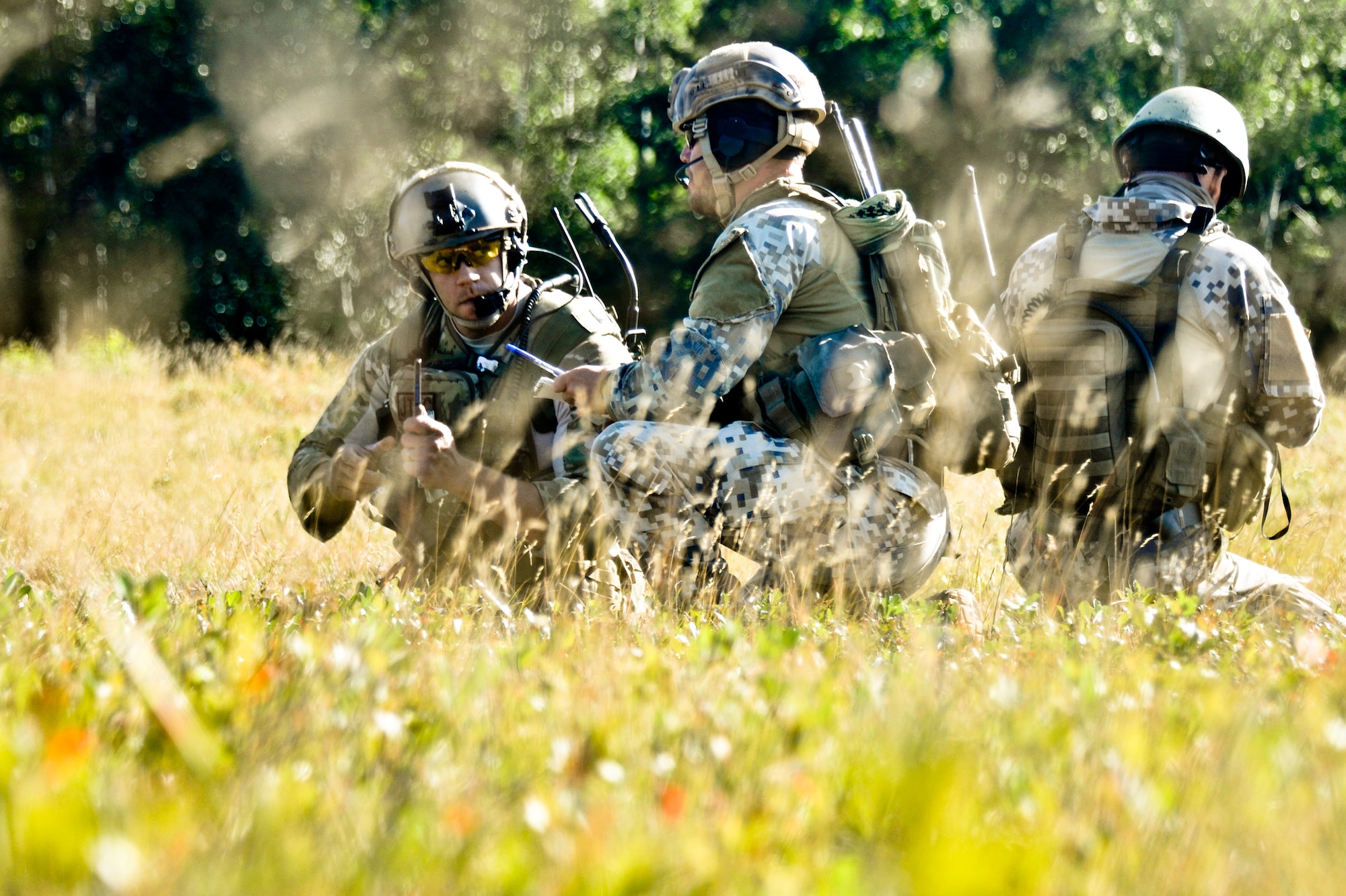 From left, U.S. Air Force Master Sgt. John M. Oliver, Tactical Air Control Party specialist with the 169th Air Support Operations Squadron, Latvian 1st Sgt. Modris Circenis and Cpl. Janis Gabranis, TACPs with the Latvian National Armed Forces, make a plan to advance on an enemy position during a reconnaissance mission at Operation Northern Strike in Grayling Air Gunnery Range, Grayling, Mich., Aug. 14, 2014. Northern Strike was a 3-week-long exercise led by the National Guard that demonstrated the combined power of joint and multinational air and ground forces. TACPs with the Air National Guard’s 169th ASOS from Peoria, Ill., and more than 5,000 other armed forces members from 12 states and two coalition nations participated in the combat training. (U.S. Air National Guard photo by Staff Sgt. Lealan Buehrer/Released)