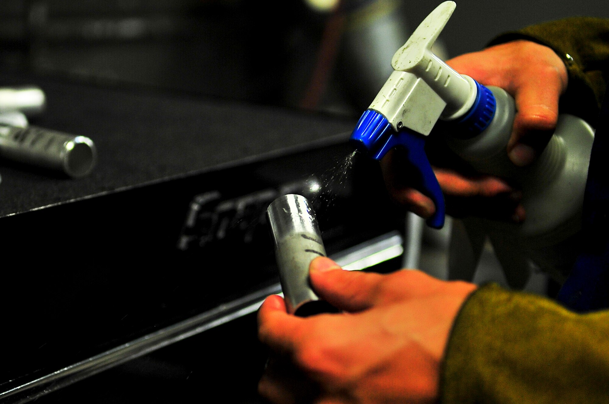 Senior Airman Matthew Vley, 5th Maintenance Squadron metals technician, preps an aluminum welding tube on Minot Air Force Base, N.D., Aug. 7, 2014. When flight line maintainers notice structural discrepancies with an aircraft, metals technicians go to the aircraft and evaluate the problem. (U.S. Air Force photo/Senior Airman Brittany Y. Bateman)