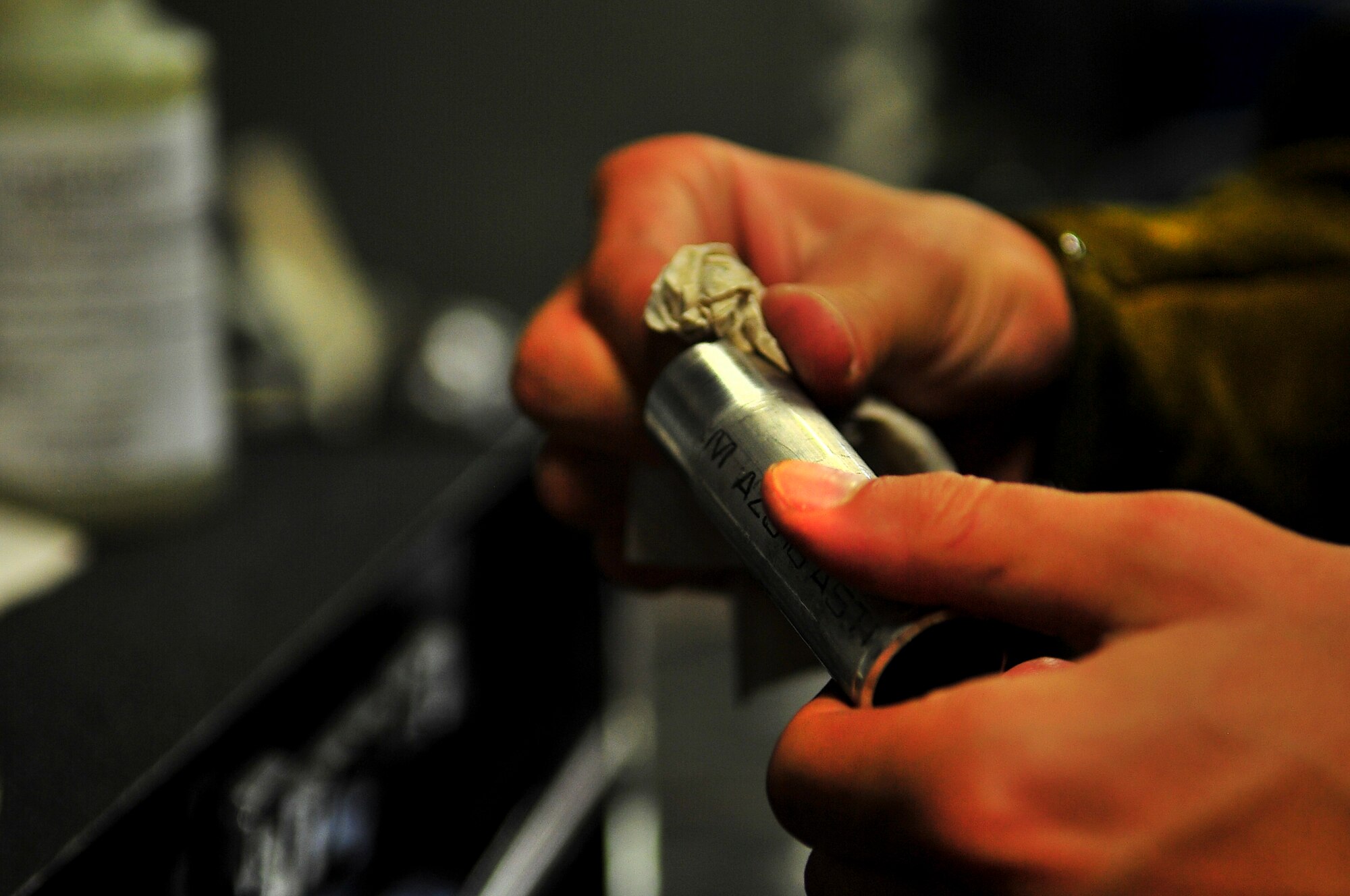 Senior Airman Matthew Vley, 5th Maintenance Squadron metals technician, preps an aluminum welding tube on Minot Air Force Base, N.D., Aug. 7, 2014. When flight line maintainers notice structural discrepancies with an aircraft, metals technicians go to the aircraft and evaluate the problem. (U.S. Air Force photo/Senior Airman Brittany Y. Bateman)