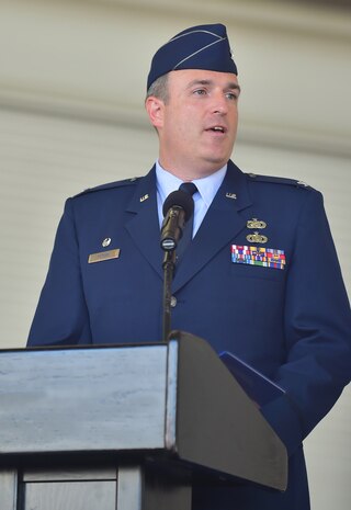 Colonel Brian Peters, 437th Maintenance Group commander, addresses the audience after assuming command of the 437th MXG Aug. 15, 2014, at Joint Base Charleston, S.C. Colonel Dennis Dabney relinquished command of the group to Peters, whose previous position was as 436th Maintenance Operations Group deputy commander, Dover Air Force Base, Del. (U.S. Air Force photo/Senior Airman George Goslin)