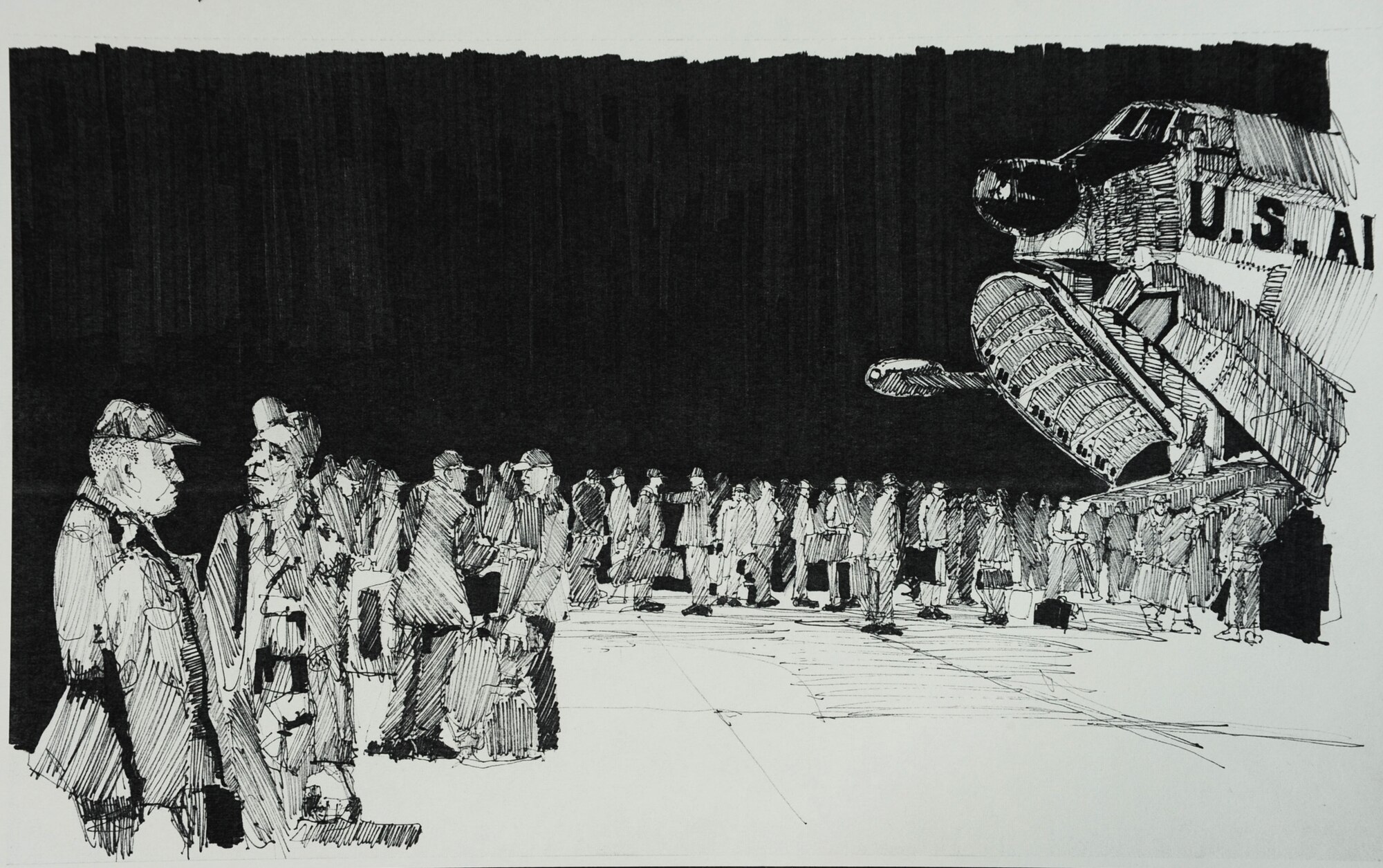 “Preparing to Board.”  This black and white drawing depicts a detail of the August 1969 OreANG deployment to Alaska.  It shows a portion of the 900 members of the 142nd Fighter Group preparing to board one of 10 Oklahoma ANG C-124 transports for a 1,200 air mile, non-stop deployment to Anchorage, Alaska, for 15 days of annual field training. (Drawing by Airman Robert Thomas, 142nd CAM Sq.)