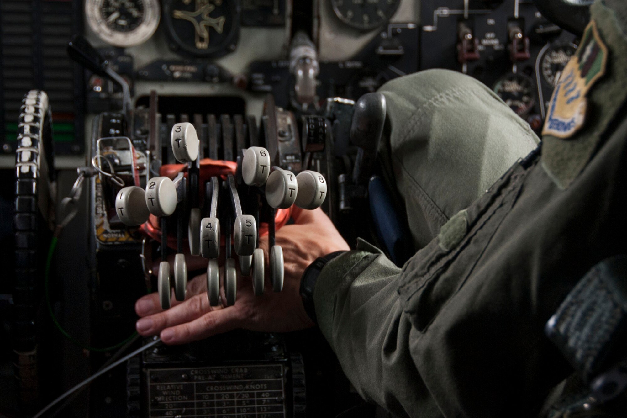 U.S. Air Force Maj. Jason Dymond, instructor pilot, 11th Bomb Squadron, simulates how a co-pilot ensures a pilot has pushed throttles to “thrust gate” at initial take off during a static tour of a B-52 Stratofortress at Barksdale Air Force Base, La., Aug. 18, 2014. Dymond was one of the briefers for a group of visitors from the Nuclear Command and Control Support Staff. (U.S. Air Force photo by Master Sgt. Jeff Walston/Released)    