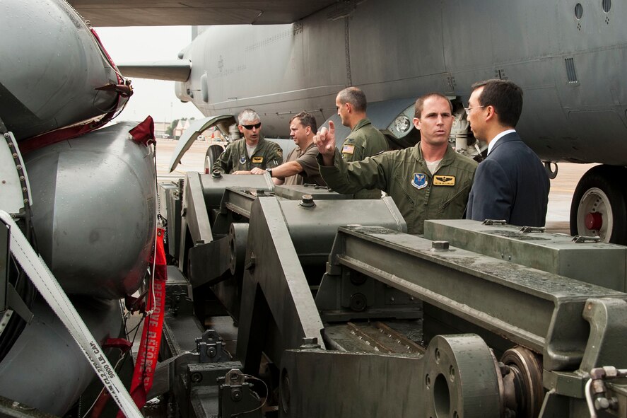 Members of the Nuclear Command and Control Support Staff are briefed on the capabilities of the B-52 Stratofortress during a visit to Barksdale Air Force Base, La., Aug. 18, 2014. (U.S. Air Force photo by Master Sgt. Jeff Walston/Released)    