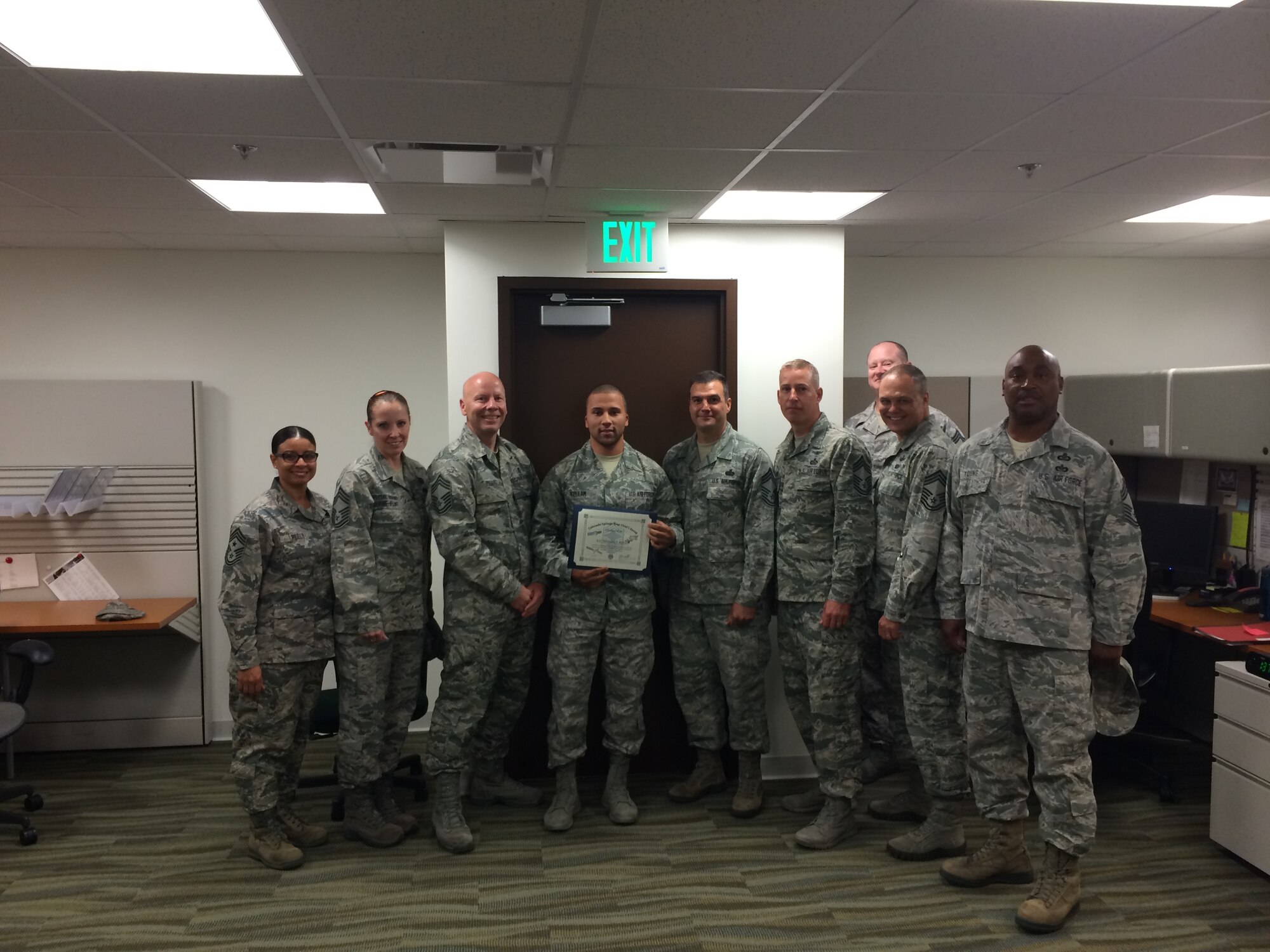 PETERSON AIR FORCE BASE, Colo. -- Airman 1st Class Michael Kellam, 21st Aerospace Medicine Squadron, received the Colorado Springs Area Chiefs Group “Chiefs Choice” award, for his outstanding customer service, professionalism in his occupation and passion for his work. (U.S. Air Force photo/Dennis Howk)