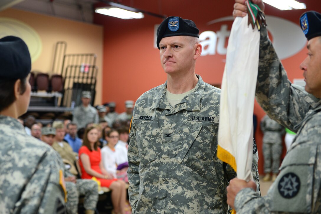 U.S. Army Col. Frank J. Snyder, assumed command of the 93rd Signal Brigade during a change of command and of responsibility ceremony at Fort Eustis, Va., August 15, 2014. Snyder spoke on pledging his best efforts to uphold the brigade’s values and motto of “loyalty, harmony and accuracy.”(U.S. Air Force photo by Airman 1st Class Kimberly Nagle/Released)
