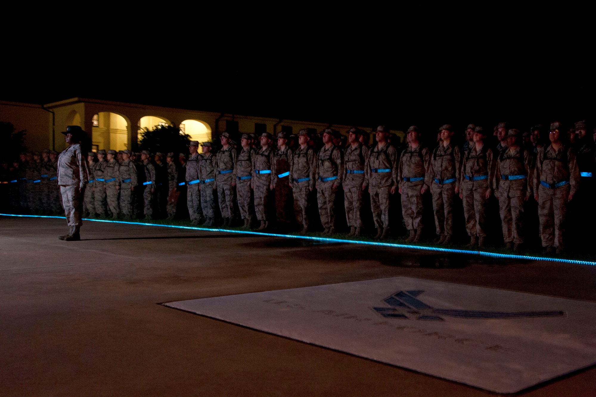 As the U.S. Air Force nears its 67th birthday, the first class of Active, Guard and Reserve Officer Training School cadets cross the blue line into the Air Force July 19, 2014, at Maxwell Air Force Base. This is the first time that all three service components have crossed the blue line together.The blue line is a ceremony held for every class to affirm their commitment to the U.S. Air Force and its core values. (U.S. Air Force photo by Staff Sgt. Natasha Stannard)