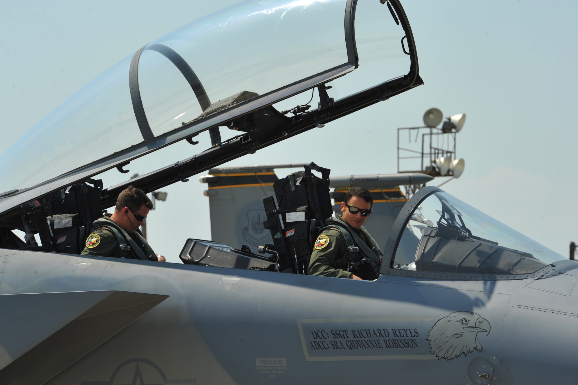 Air crew from the 493rd Fighter Squadron, Royal Air Force Lakenheath, England, gather their belongings to exit their jet at Graf Ignatievo Air Base, Bulgaria August 15, 2014. More than 180 Airmen from U.S. Air Forces in Europe and Air Forces Africa flew down to Graf Ignatievo Air Base near Plovdiv Bulgaria to participate in a bilateral training event, Thracian Eagle 2014, Aug. 18 through Sep. 1. (U.S. Air Force photo/Senior Airman Hailey Haux)

