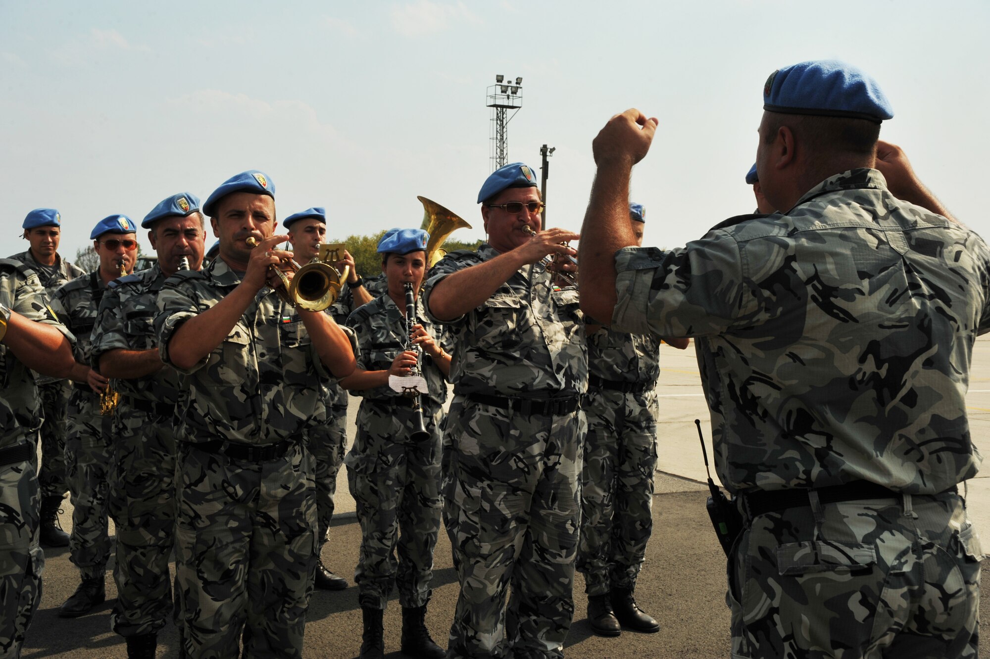 Members from the Bulgarian Air Force band play the Bulgarian and American National Anthems during an opening ceremony at Graf Ignatievo Air Base, Bulgaria, August 15, 2014. More than 180 Airmen from U.S. Air Forces in Europe and Air Forces Africa flew down to Graf Ignatievo Air Base near Plovdiv Bulgaria to participate in a bilateral training event, Thracian Eagle 2014, Aug. 18 through Sep. 1. (U.S. Air Force photo/Senior Airman Hailey Haux)