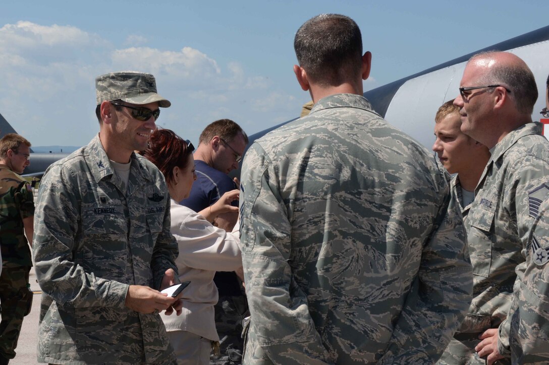 Col. Kevin Kennedy (left), 28th Bomb Wing commander, speaks with Airmen during Ellsworth’s Black Hills Community Appreciation Day, Aug. 16, 2014. Nearly 3,000 community members in the Black Hills attended the event, gaining invaluable information about Ellsworth’s mission and the Airmen who make it possible. (U.S. Air Force Photo by Airman 1st Class Rebecca Imwalle/ Released)