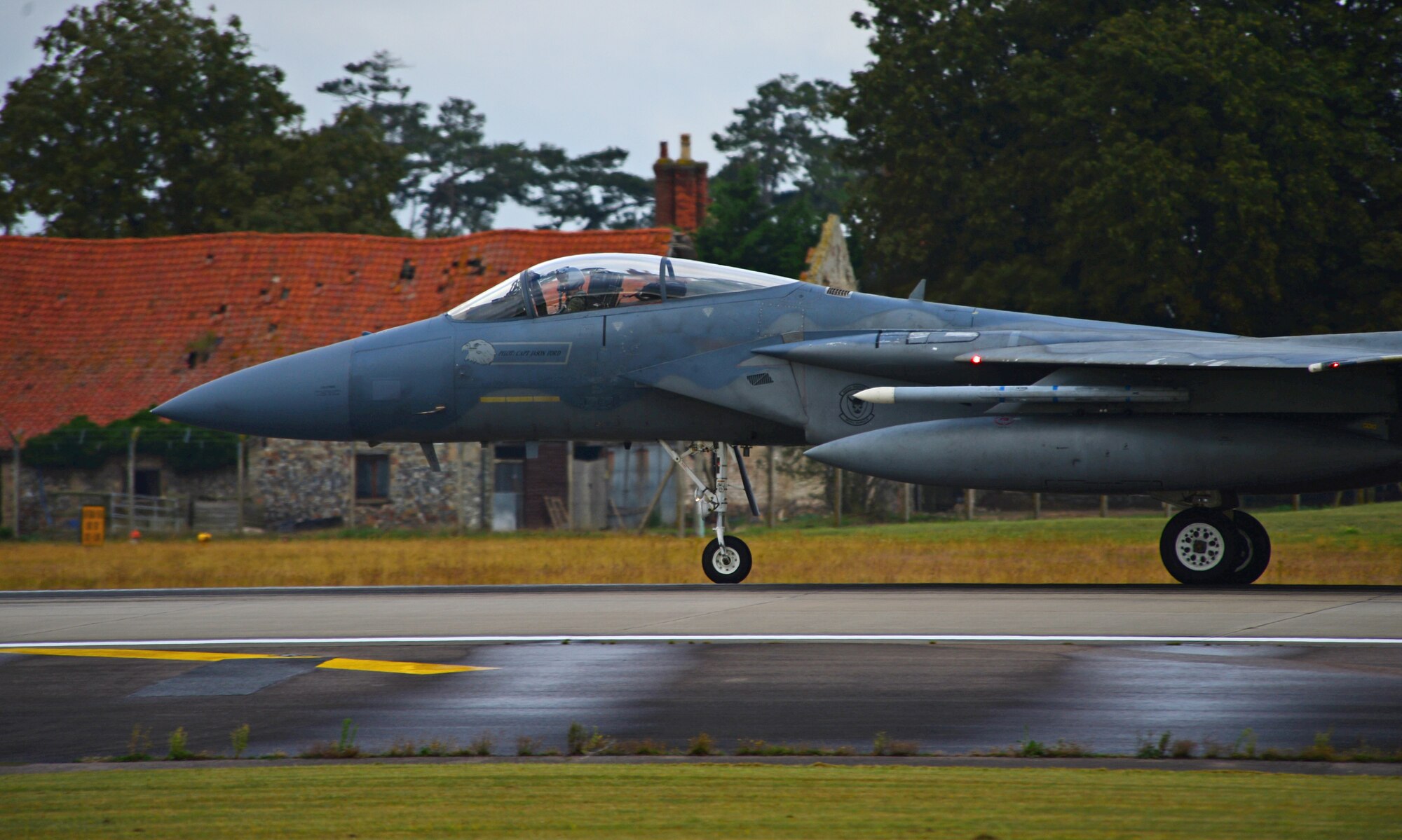 A 493rd Fighter Squadron F-15C Eagle takes off from Royal Air Force Lakenheath, England, Aug. 15, 2014, to participate in bilateral training at Graf Ignatievo Air Base, Bulgaria. During the training deployment, the 493rd FS’ deployed fighter jets will conduct training and focus on maintaining joint readiness while building interoperability capabilities. (U.S. Air Force photo by Airman 1st Class Erin O’Shea/Released)