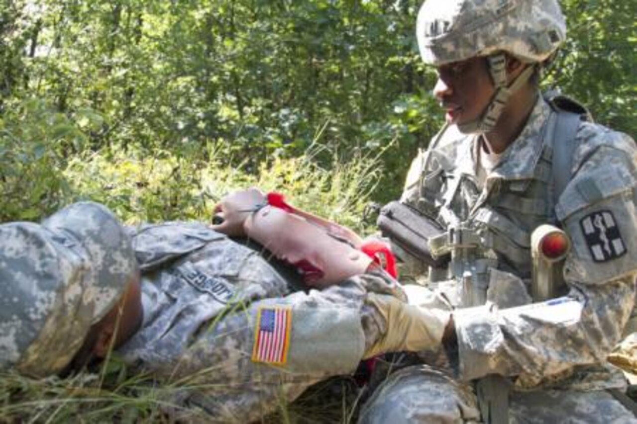 Army Capt. Ashley Bradley, a nurse with the 61st Multifunctional Medical Battalion, 1st Medical Brigade, treats a simulated casualty during a training exercise held at Camp Bondsteel, Kosovo, Aug. 10, 2014. The exercise is designed to prepare candidates for the Expert Field Medical Badge testing in Grafenwoehr, Germany. U.S. Army photo