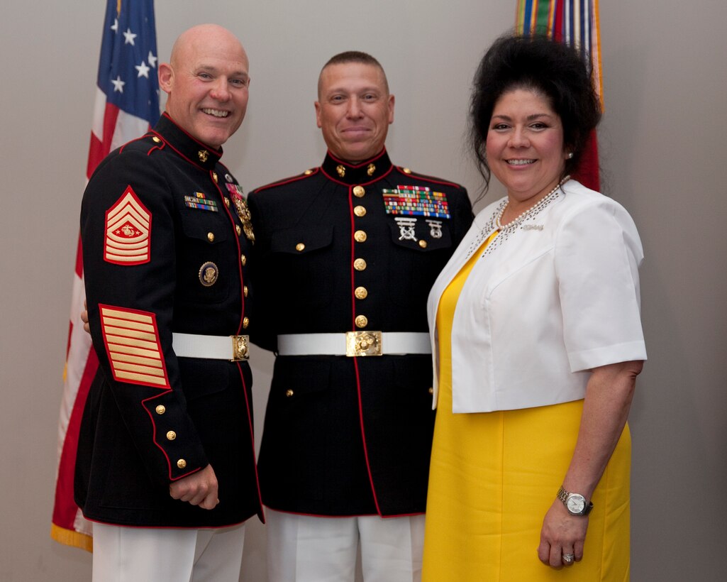 Sgt. Maj. Micheal P. Barrett, the 17th Sergeant Major of the Marine Corps, hosts the Sunset Parade reception at the Women in Military Service For America Memorial in Arlington, Va., on Aug. 12, 2014. (U.S. Marine Corps photo by Lance Cpl. Samantha K. Draughon/ Released)