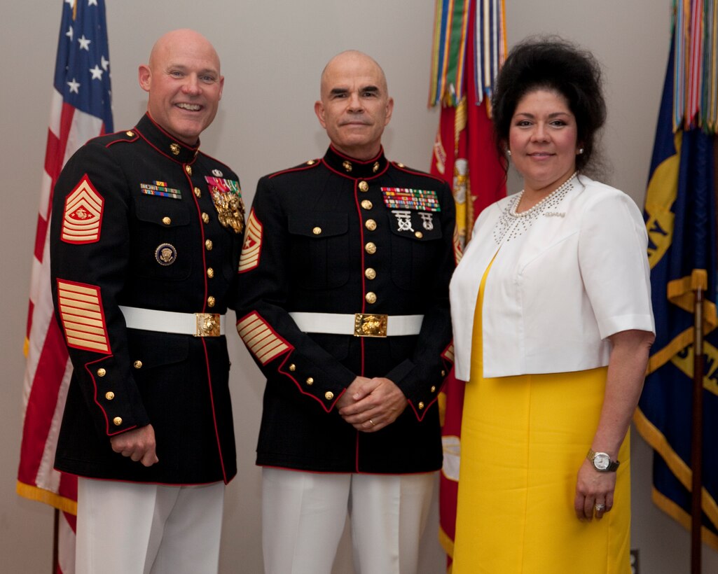 Sgt. Maj. Micheal P. Barrett, the 17th Sergeant Major of the Marine Corps, hosts the Sunset Parade reception at the Women in Military Service For America Memorial in Arlington, Va., on Aug. 12, 2014. (U.S. Marine Corps photo by Lance Cpl. Samantha K. Draughon/ Released)