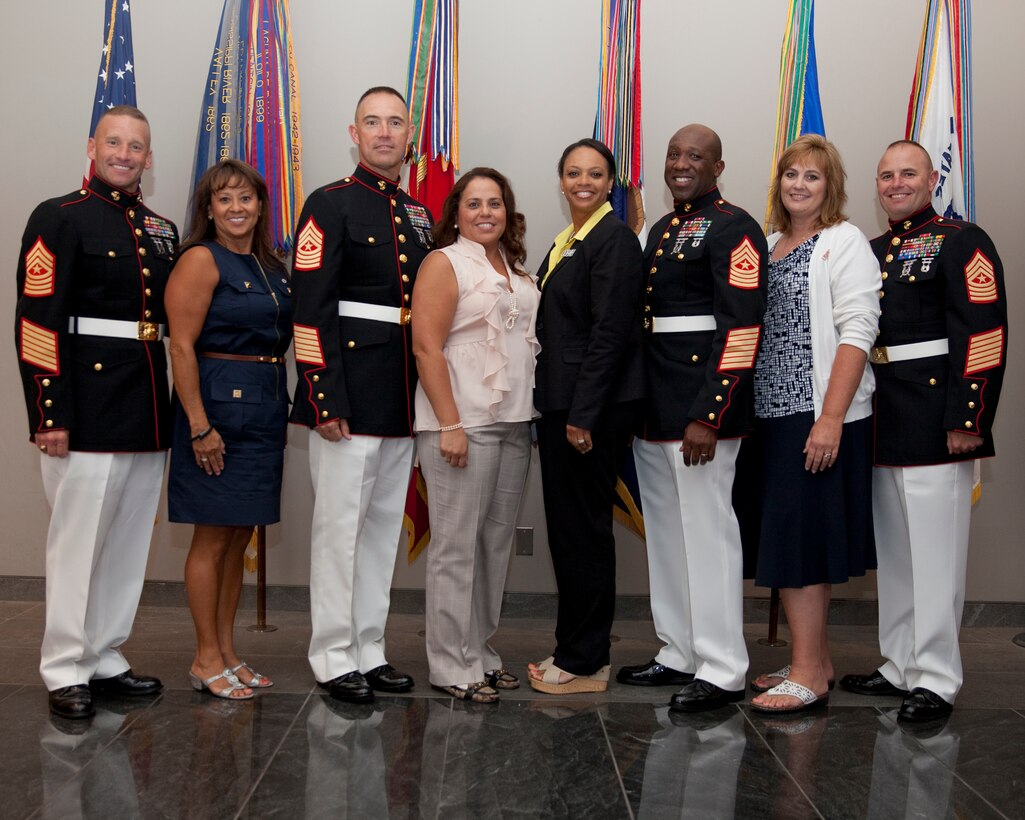 Sgt. Maj. Micheal P. Barrett, the 17th Sergeant Major of the Marine Corps, hosts the Sunset Parade reception at the Women in Military Service For America Memorial in Arlington, Va., on Aug. 12, 2014. (U.S. Marine Corps photo by Lance Cpl. Samantha K. Draughon/ Released)