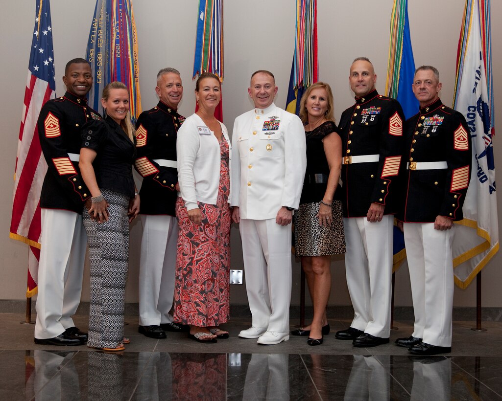 Sgt. Maj. Micheal P. Barrett, the 17th Sergeant Major of the Marine Corps, hosts the Sunset Parade reception at the Women in Military Service For America Memorial in Arlington, Va., on Aug. 12, 2014. (U.S. Marine Corps photo by Lance Cpl. Samantha K. Draughon/ Released)