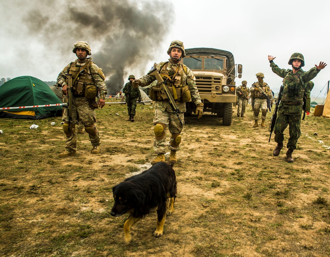 Chilean and Brazilian Marines clear a route for a medical truck carrying injured civilians during a training scenario designed to simulate a major natural disaster in Pichidangui, Chile August 18, 2014, as part of Partnership of the Americas 2014. Representatives from Argentina, Brazil, Canada, Chile, Colombia, Mexico, Paraguay, and the United States are participating in POA 2014 from August 11-22, 2014. This exercise is designed to enhance joint and combined interoperability, increase the combined capability to execute Amphibious Operations, Peace Support Operations, and Humanitarian Assistance/Disaster Relief missions, and further develop strong and lasting relationships the U.S. Marine Corps has established with partner nation’s naval infantries/marine corps.