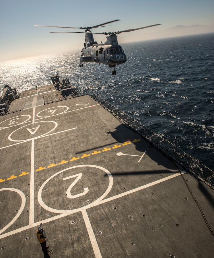 Marines from Medium Helicopter Squadron 364 take off from the deck of the Chilean ship, LSDH Sargento Aldea during a training scenario designed to simulate a major natural disaster August 17, 2014, as part of Partnership of the Americas 2014. Representatives from Argentina, Brazil, Canada, Chile, Colombia, Mexico, Paraguay, and the United States are participating in POA 2014 from August 11-22, 2014. This exercise is designed to enhance joint and combined interoperability, increase the combined capability to execute Amphibious Operations, Peace Support Operations, and Humanitarian Assistance/Disaster Relief missions, and further develop strong and lasting relationships the U.S. Marine Corps has established with partner nation’s naval infantries/marine corps.