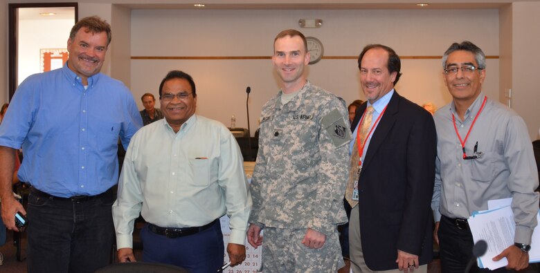 ALBUQUERQUE, N.M. -- Partners of the PPA Signing: (l-r): Rolf Schmidt-Peterson, Interstate Stream Commission Rio Grande Basin Manager NMISC; Subhas Shaw, Chief Engineer/CEO, MRGCD; Lt. Col Patrick Dagon, Albuquerque district Commander, USACE; John D'Antonio, Deputy District Engineer for Programs, Albuquerque District, USACE; and Jerry Nieto, Project Manager, Albuquerque District, USACE.