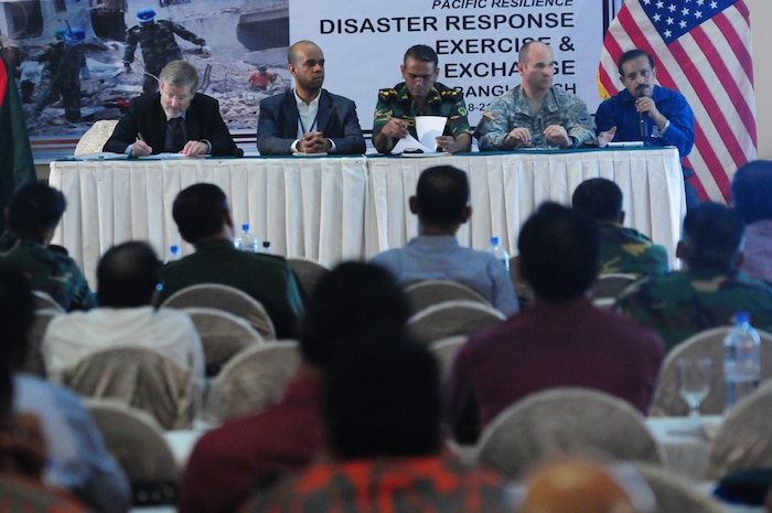 DHAKA, Bangladesh (Aug. 20, 2014) - The Pacific Resilience Disaster Relief Exercise & Exchange (PR DREE) was held in Dhaka from Aug. 18-21. The PR DREE 2014 is the fifth iteration of the annual Humanitarian Assistance/Disaster Relief engagement between the United States and Bangladesh. This year's PR DREE brings together civilian and military personnel from both countries, as well as several international stakeholders, to discuss earthquake response in Dhaka City. It will feature practical exercise of response techniques associated with logistics, emergency communicatins, and Urban Search & Rescue.  140820-D-AK359-427


