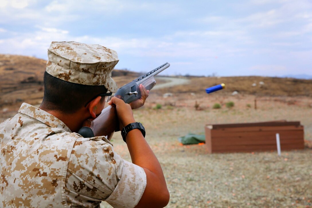 Lance Cpl. Havier Ruiz, radio technician with 1st Maintenance Battalion competes in trap shooting during the 2014 Commanding General’s Cup Recreational Shooting Tournament here Aug. 20.

The shooting tournament will continue until Aug. 22., from 8 a.m. until 4:30 p.m. at the Base Skeet and Trap Range 107 near building 25167. Each has a four-member max, and a three-member minimum.

Teams need to register in person at the range in order to schedule a time to compete.