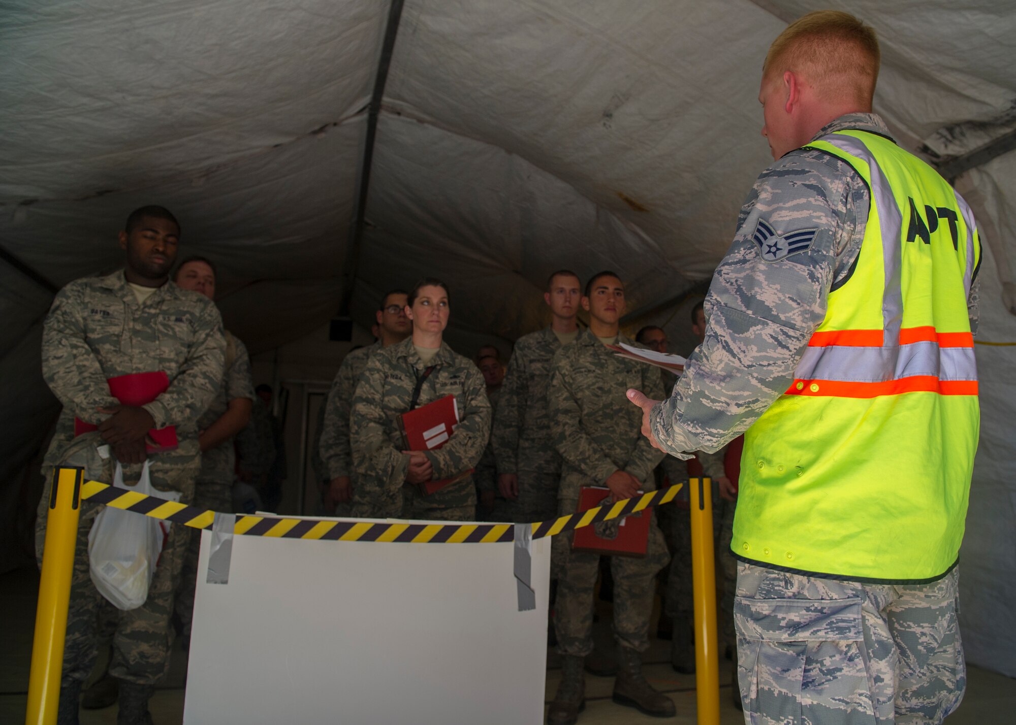 Members of Team Holloman participate in a three-day deployment exercise at Holloman Air Force Base, N.M., Aug. 19. The exercise was a part of the Air Force’s Commanders Inspection Program. The program is designed to test a unit’s ability to accomplish the mission with little warning, and provides feedback on areas of excellence or areas that need improvement. The program specifically focuses on the bases ability to rapidly deploy combat-ready Airmen and equipment world-wide. (U.S. Air Force photo by Senior Airman Leah Ferrante/ Released)
