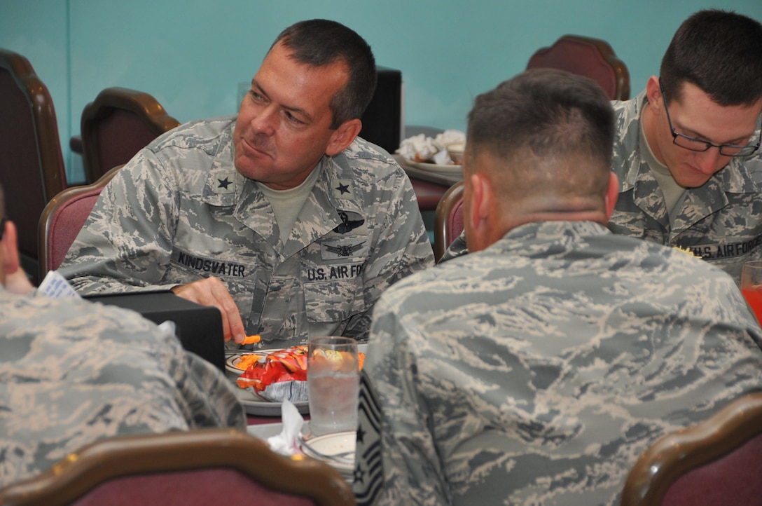 The commander of the 82nd Training Wing, Brig. Gen. Scott Kindsvater and 82nd TRW Command Chief, Chief Master Sgt. Charles Burgess III, both spent multiple days experiencing a ‘Day in the Life’ of an Airman-in-Training at Sheppard Air Force Base, Texas, Aug. 19, 2014. (U.S. Air Force photo/Airman 1st Class Robert L. McIlrath)