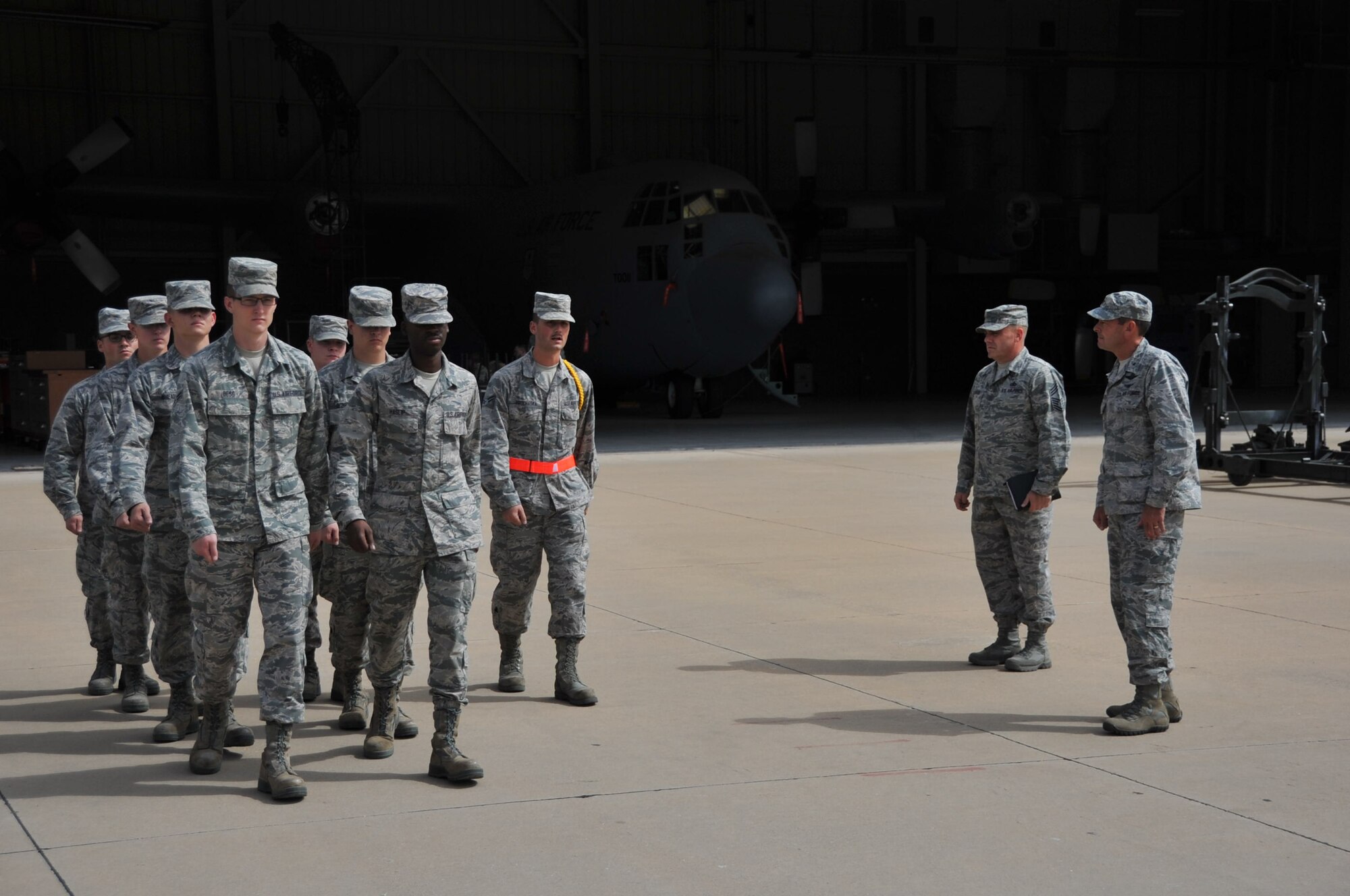 The commander of the 82nd Training Wing, Brig. Gen. Scott Kindsvater and 82nd TRW Command Chief, Chief Master Sgt. Charles Burgess III, both spent multiple days experiencing a ‘Day in the Life’ of an Airman-in-Training at Sheppard Air Force Base, Texas, Aug. 19, 2014. (U.S. Air Force photo/Airman 1st Class Robert L. McIlrath)