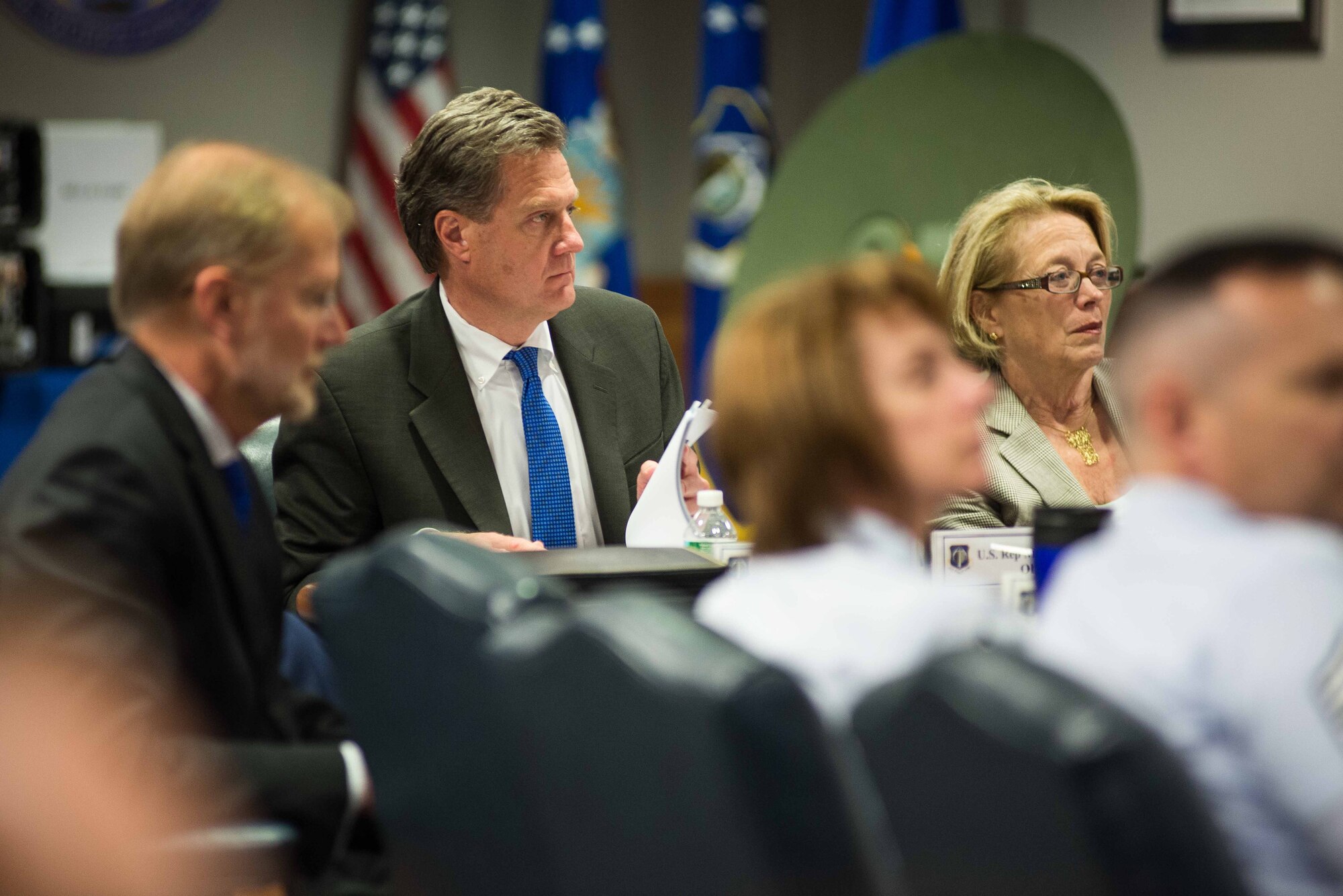 HANSCOM AIR FORCE BASE, Mass. – U.S. Reps. Michael Turner of Ohio and Niki Tsongas of Massachusetts, both members of the House Armed Services Committee, receive Air Force Life Cycle Management Center mission overview briefing here Aug. 19. Turner and Tsongas came to Hanscom and the adjacent MIT Lincoln Laboratory for briefings and demonstrations after doing much the same at Wright-Patterson AFB in Ohio the previous day. (U.S. Air Force photo by Mark Herlihy)