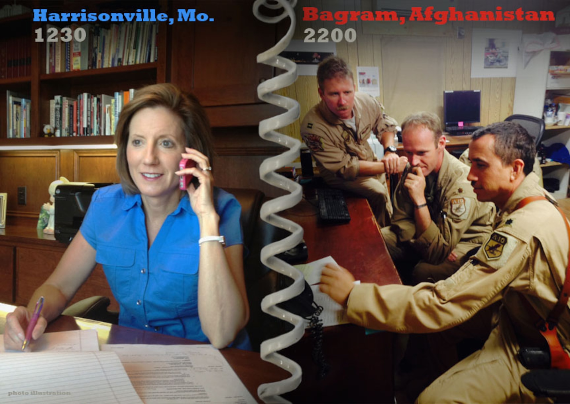 Deployed 442d Fighter Wing reservists received a phone call from Missouri Congresswoman Vicky Hartzler on Monday. Hartzler phoned the deployed citizen airmen from her home office outside Harrisonville, Mo. (U.S. Air Force photo illustration by Technical Sgt. Emilly Alley)