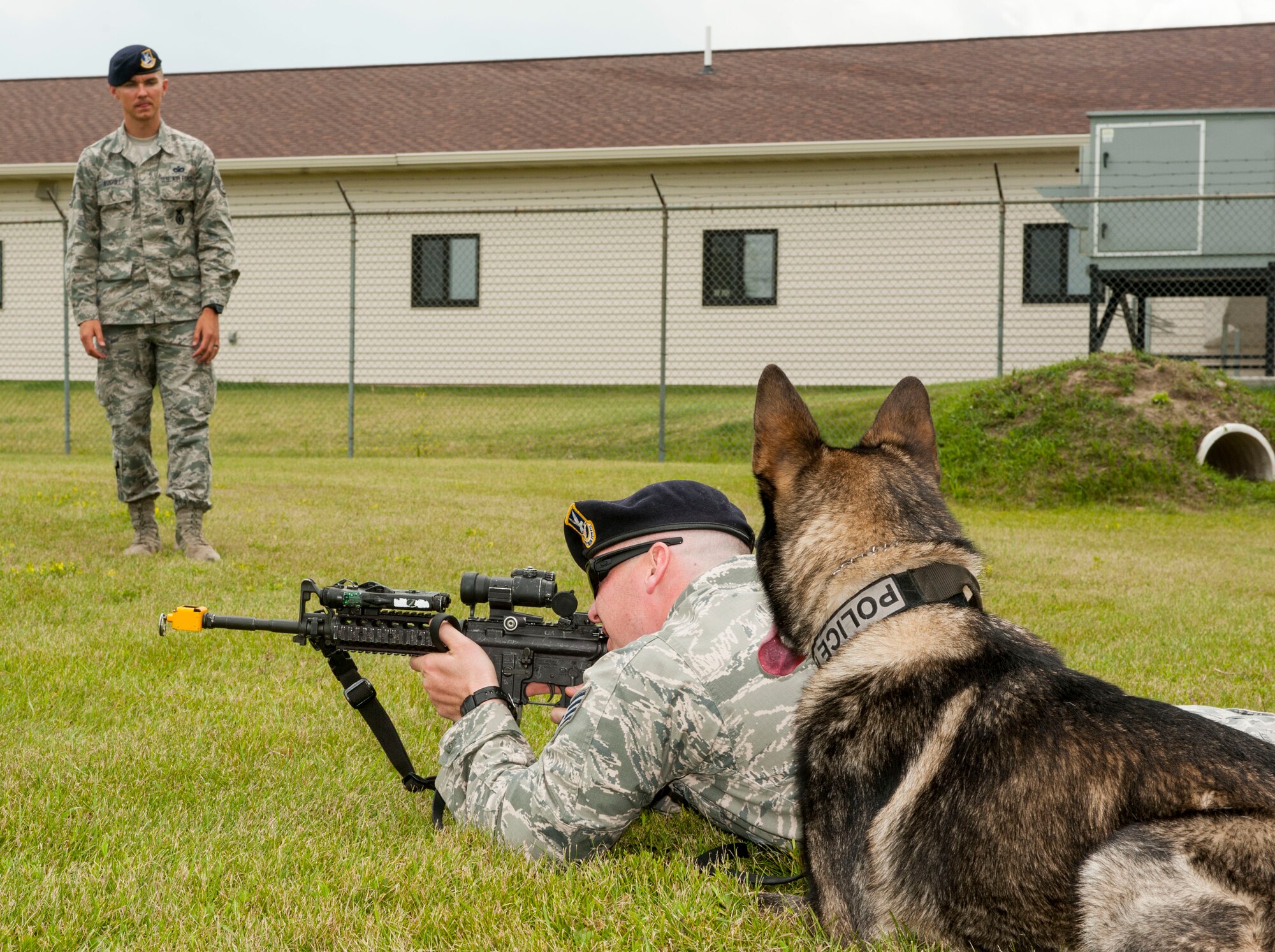 Staff Sgt. Christopher Averill, 5th Security Forces Squadron military working dog trainer, observes Staff Sgt. Tim Glover, 5th SFS MWD handler, and his MWD Roko during weapons training on Minot Air Force Base, N.D., July 29, 2014. During training, Averill watched as Glover used blank rounds to test Roko’s reaction to the sound of gunfire and assessed Roko’s ability to obey commands in a stressful environment. (U.S. Air Force photo/Senior Airman Stephanie Morris)
