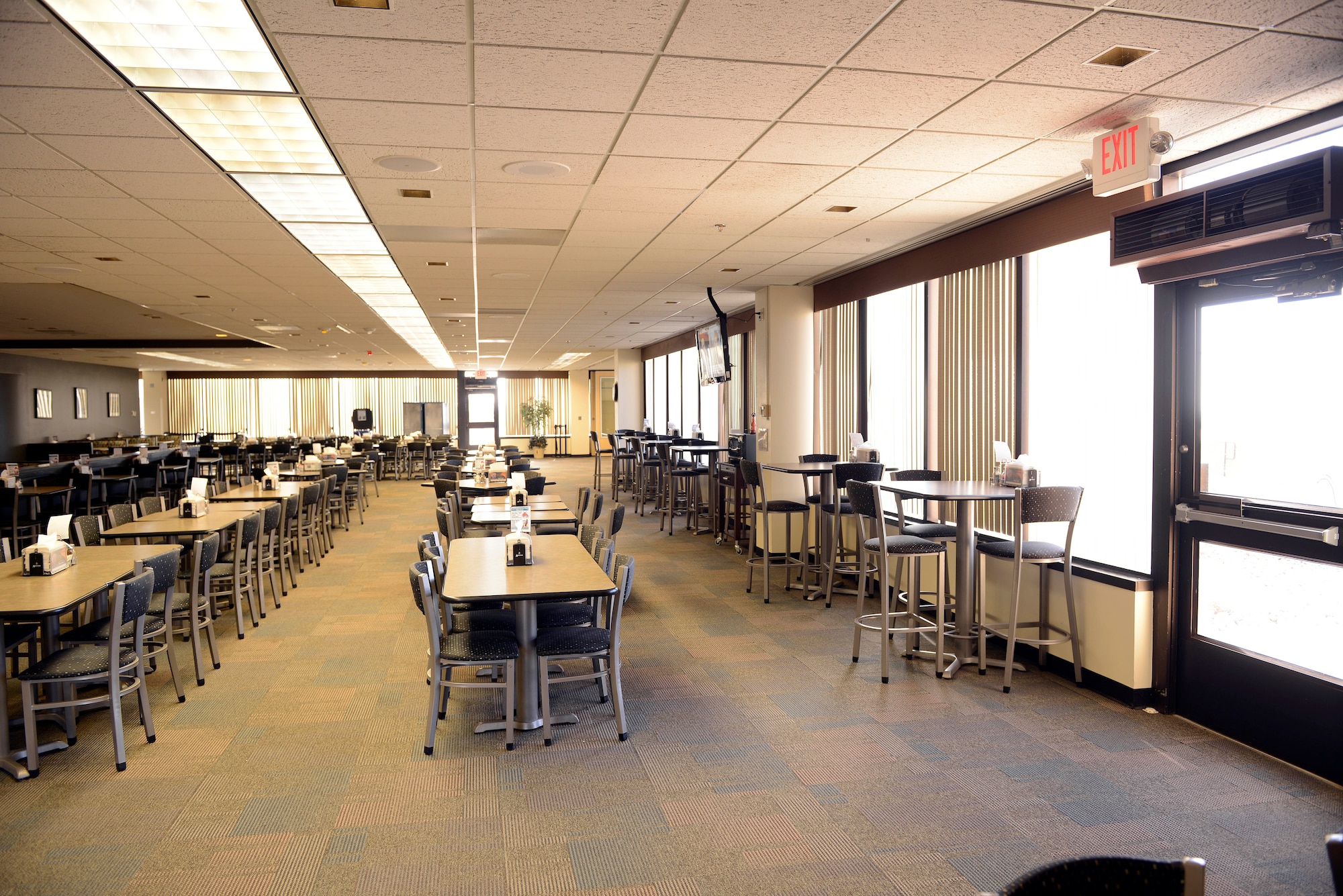 The Satellite Dish dining facility received a base-level funding to replace the booths, carpet, window treatments and other design updates. Other improvements include a new tray drop-off area and reconfigured dessert and grab-n-go areas. (U.S. Air Force photo/Dennis Rogers)