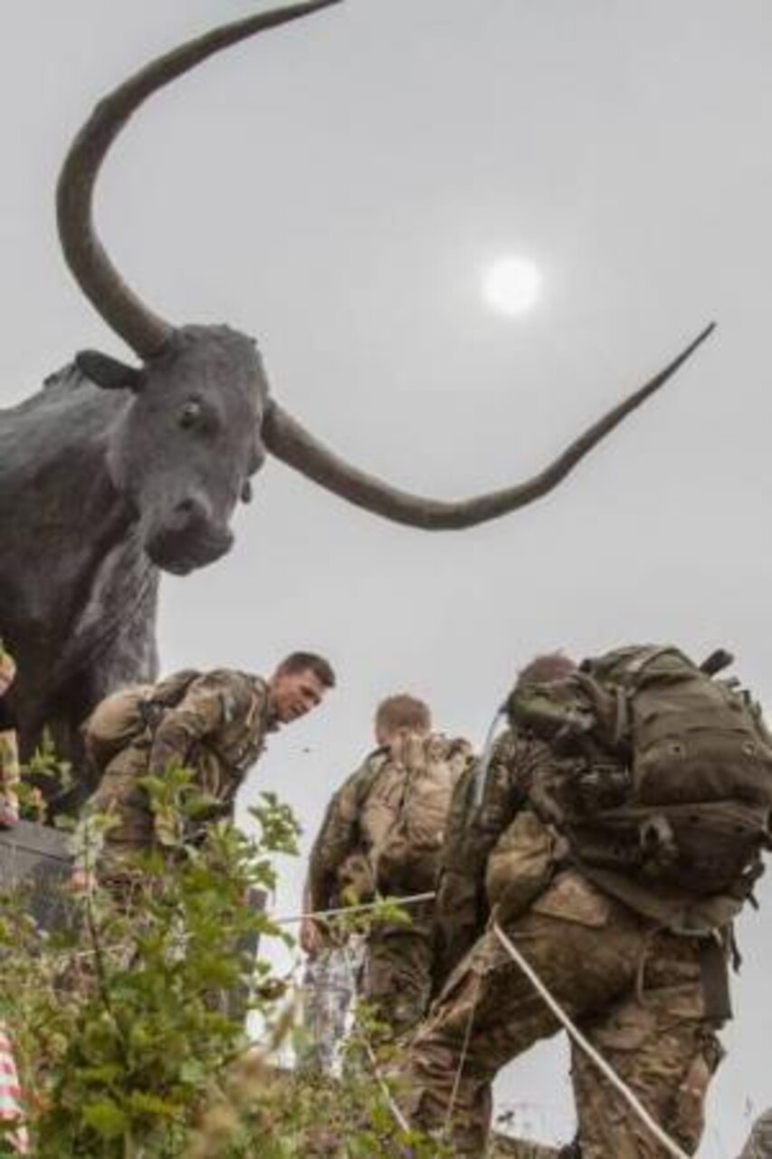 Soldiers from the Long Range Surveillance team attached to Troop C, 1st Squadron, 158th Cavalry Regiment, Maryland National Guard, climb toward a statue of Tarvas, the medieval mascot of Rakvere, Estonia, on Aug. 9, 2014, during the second annual Admiral Pitka Recon Challenge. Courtesy photo by Seaman Raido Randoja, Estonian Defense Forces Media Center