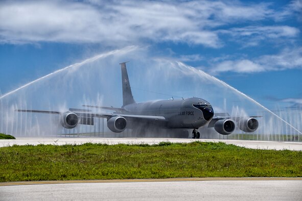 A KC-135 Stratotanker taxis through the wash rack, also known as a bird bath, after a mission Aug. 18, 2014. The KC-135 is assigned to the Air National Guard’s 134th Air Refueling Wing. (U.S. Air National Guard photo/Tech. Sgt. Jonathan Young)
