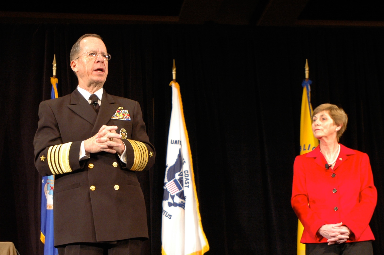 Adm. Michael Mullen, chairman of the Joint Chiefs of Staff, and his wife Deborah speak at the 2010 Department of Defense/Veteran's Affairs Suicide Prevention Conference Wednesday, Jan. 12, 2010 in Washington, D.C. Mullen was one of many presenters at the conference, which focused on suicide and mental health issues, training to prevent suicides and care for providers.